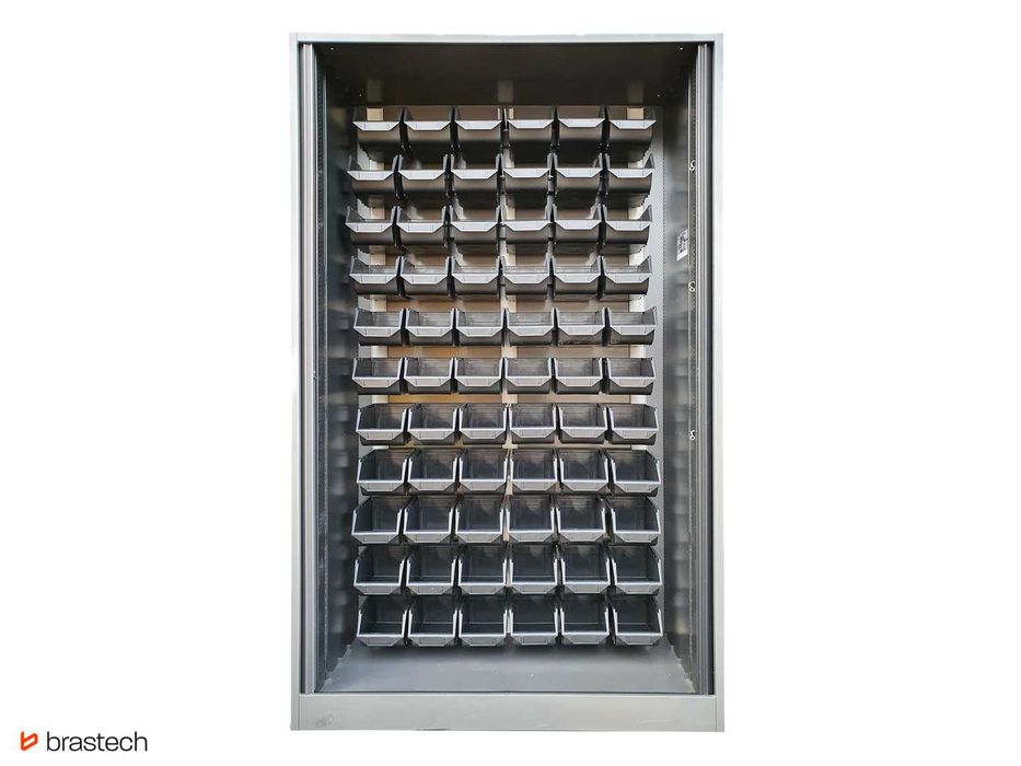 Szafa metalowa 195x120x45 cm zamykana z 66 pojemnikami 240x160x125 mm