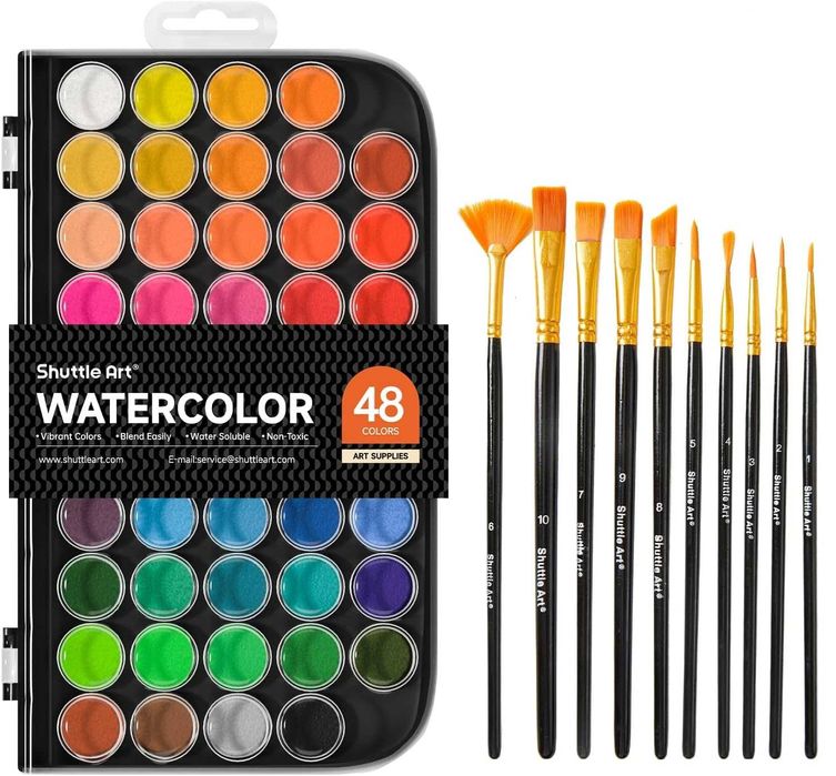 Farby akwarelowe Shuttle Art 48 kolorów z 10 pędzlami, do szkoły, domu