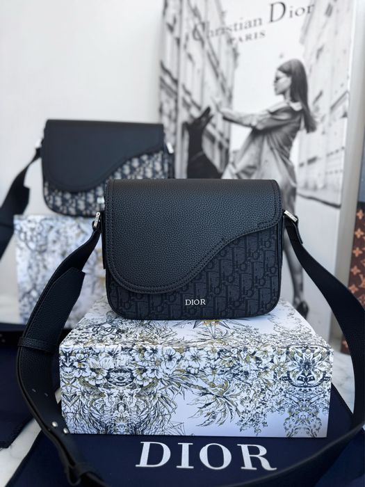 Сумка чоловіча чорна Christian Dior Oblique крістіан діор шкіряна