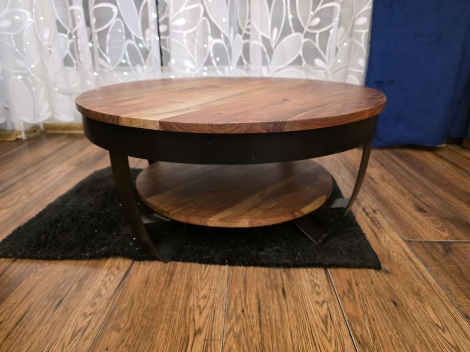 Stolik kawowy retro industrialny drewno i stalowe czarne nogi