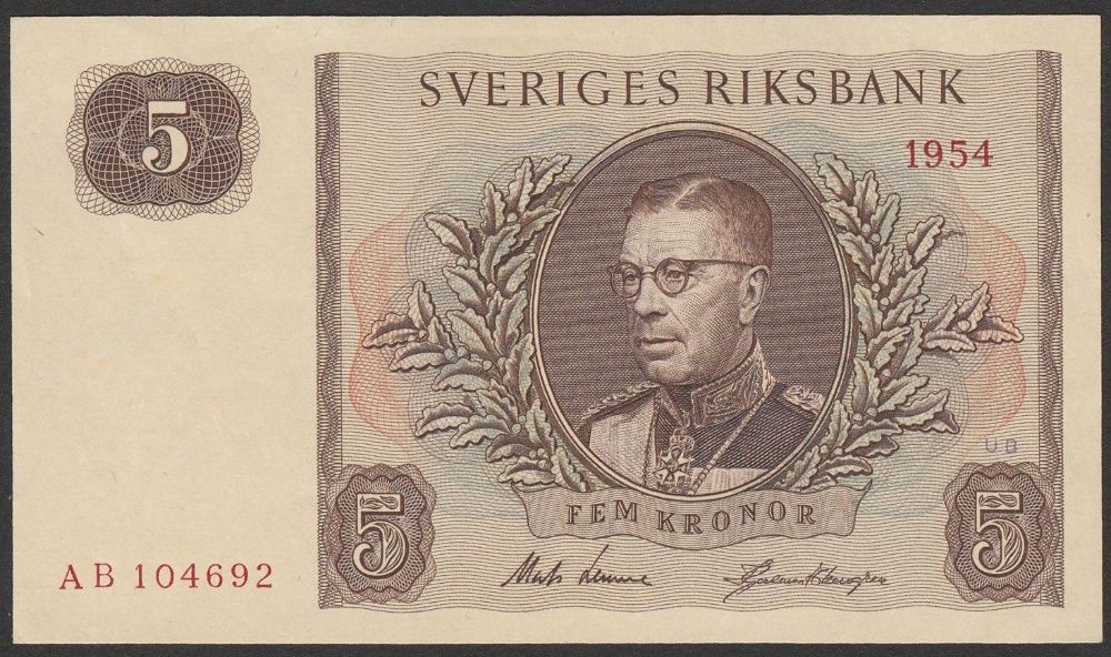 Szwecja 5 koron 1954 - król Gustaw VI Adolf - stan bankowy UNC -