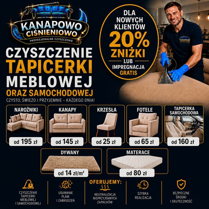KOMPLEKSOWE CZYSZCZENIE  Narożników, Tapicerki Samochodowej,  Materacy, Dywanów, Foteli, Krzeseł, Tapicerki Meblowej