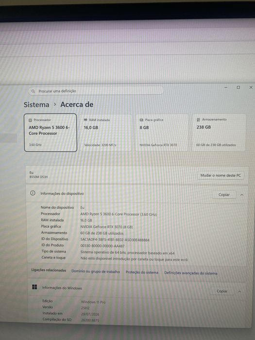 Pc gamer Ryzen 5 3600/rtx3070/16gb de ram