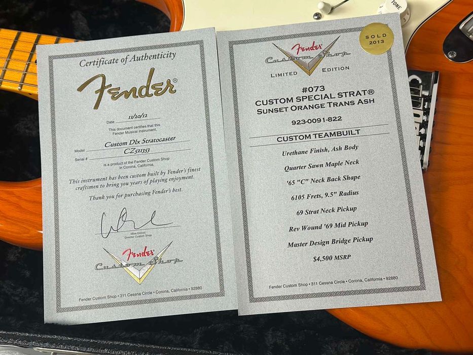 Fender Custom Shop Deluxe "Custom Special Stratocaster" Sunset Orange  (2013, як нова, 3.1кг!, 3300$)