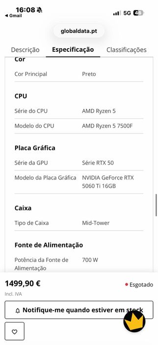 Computador Mach 2 Gamer-PC Ryzen 5 7500F 32GB DDR5 1TB RTX 5060 Ti 16GB WiFi W11
