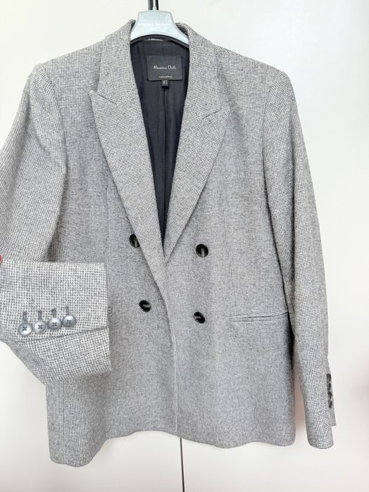 Massimo Dutti Wełniana marynarka żakiet w pepitkę Szara 40L