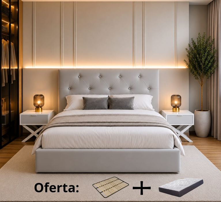 Cama estofada com estrado e colchao