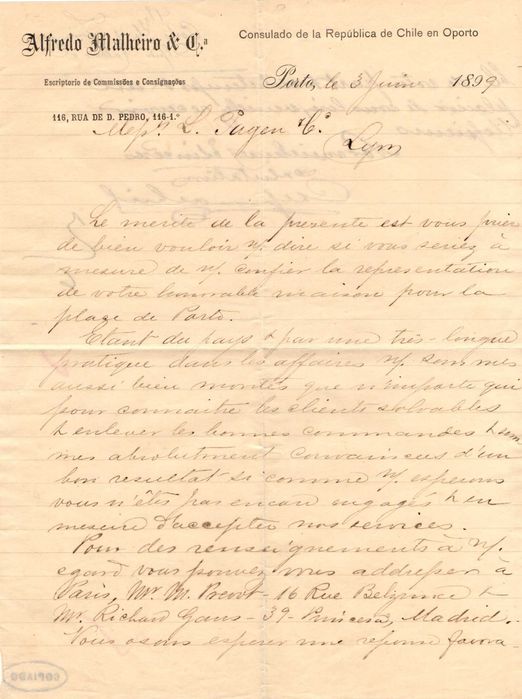 Ofício do Consulado do Chile na cidade do Porto (1889)