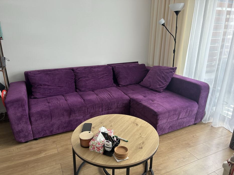 Fioletowy narożnik welur sofa narożna
