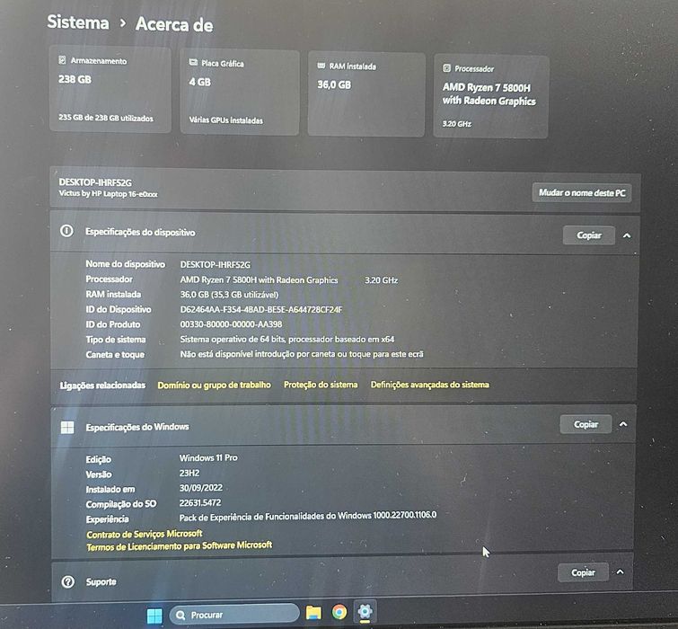 Troca Portátil Gaming Branco HP Victus Ryzen 7 32Gb RAM RX 5500M 144hz