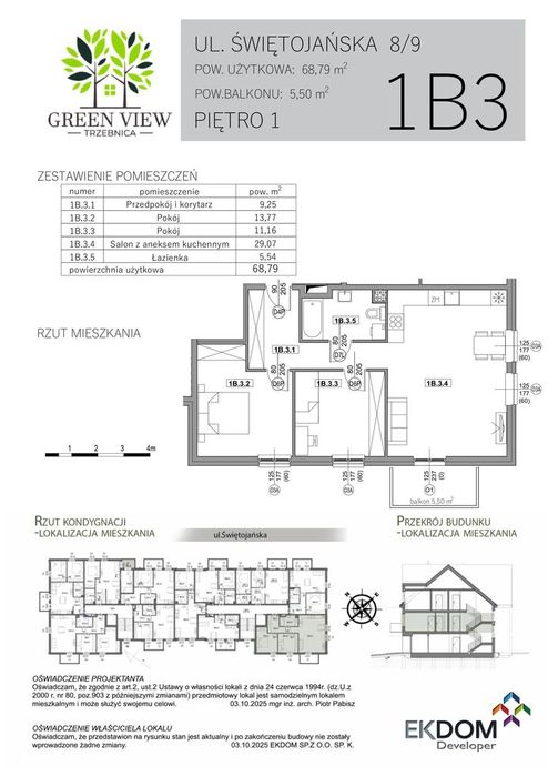 Przestronne 3-pokojowe gotowe mieszkanie || 68,79  m2 + 5,5 m2