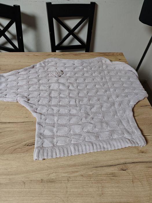 Nowy, różowy sweter, pleciony, haftowany kwiat, rękaw 3/4, oversize (270)