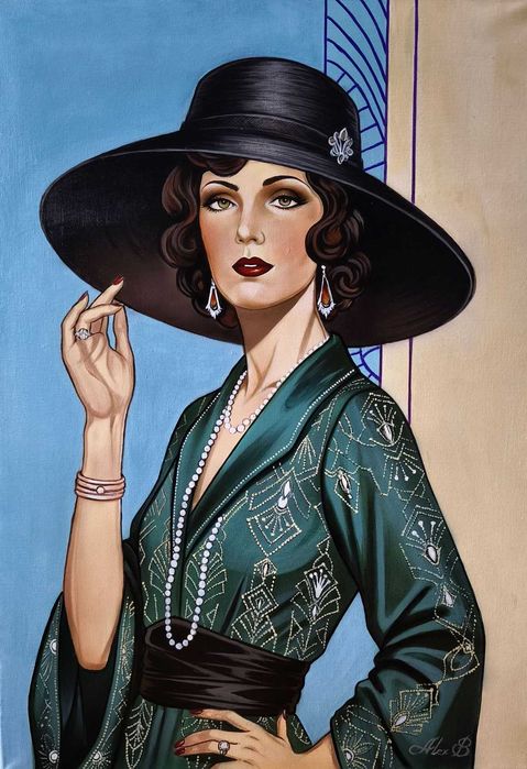 DAMA W KAPELUSZU / obraz na płótnie 70 x 50 cm / Art déco - Anna Karenina