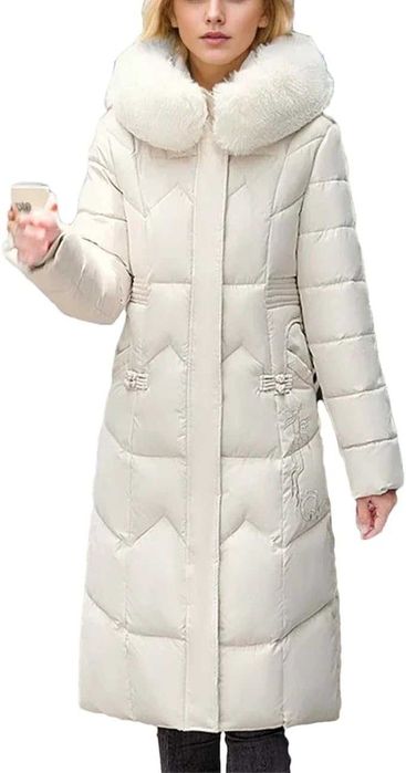 PIKOWANY PŁASZCZ ZIMOWY ocieplany z kapturem z futerkiem rozm XL beż