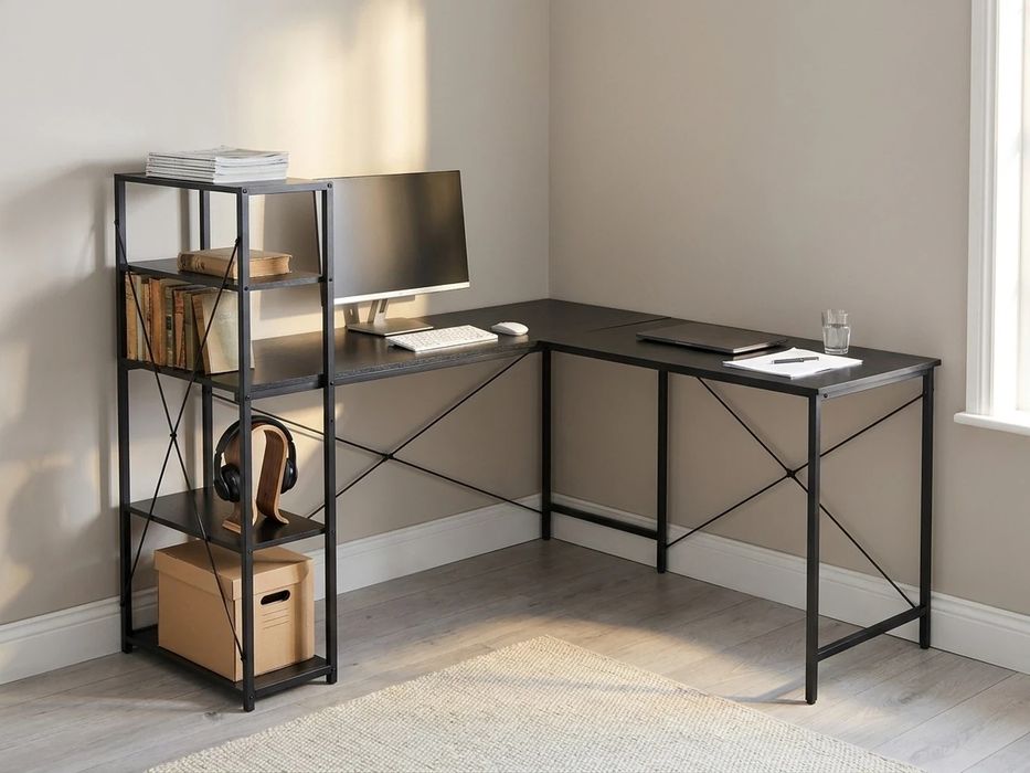 NOWE Duże Biurko Narożne z Regałem 140x145 cm Loftowe Metalowe Komputerowe Gamingowe Do Biura Gabinetu Royal Oak Black Oak FAKTURA!