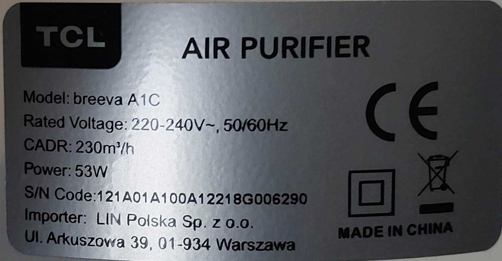 Oczyszczacz powietrza TCL A1CW Użyty parę razy, 100% sprawny 280zł.