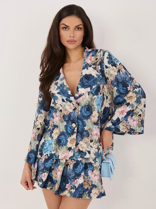 Ciemnoniebieska Marynarka Damska Kwiaty Elegancka Rękaw 3/4 Żakiet Italy Moda