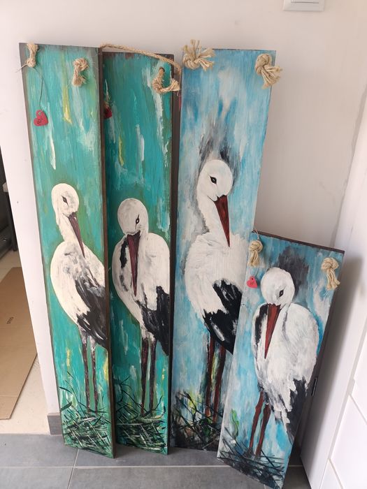 Boćki malowane na sosnowych deskach