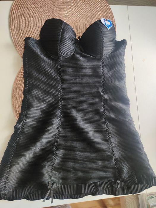 Bielizna mini sukienka tunika 34 satyna push up czarna gorset