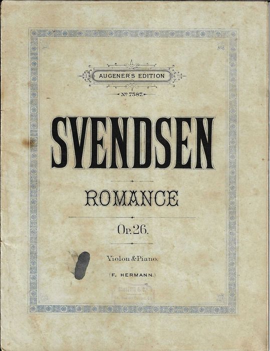 SVENDSEN - Romance op.26 para Violino e Piano - Partitura Histórica - Edição Augener's - Carimbo Sassetti