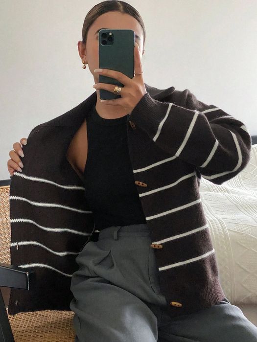 Kardigan sweter damski luźny brązowy w paski długi rękaw casual dazy