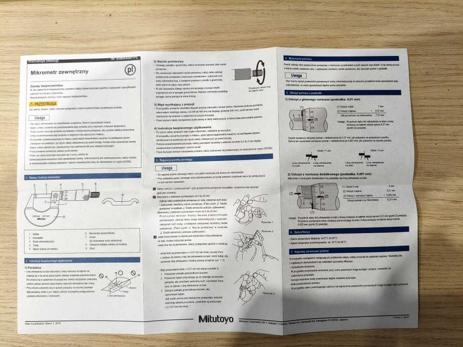 Mikrometr japoński Mitutoyo 0 - 25 mm dokładność 0,01 mm instrukcja pl