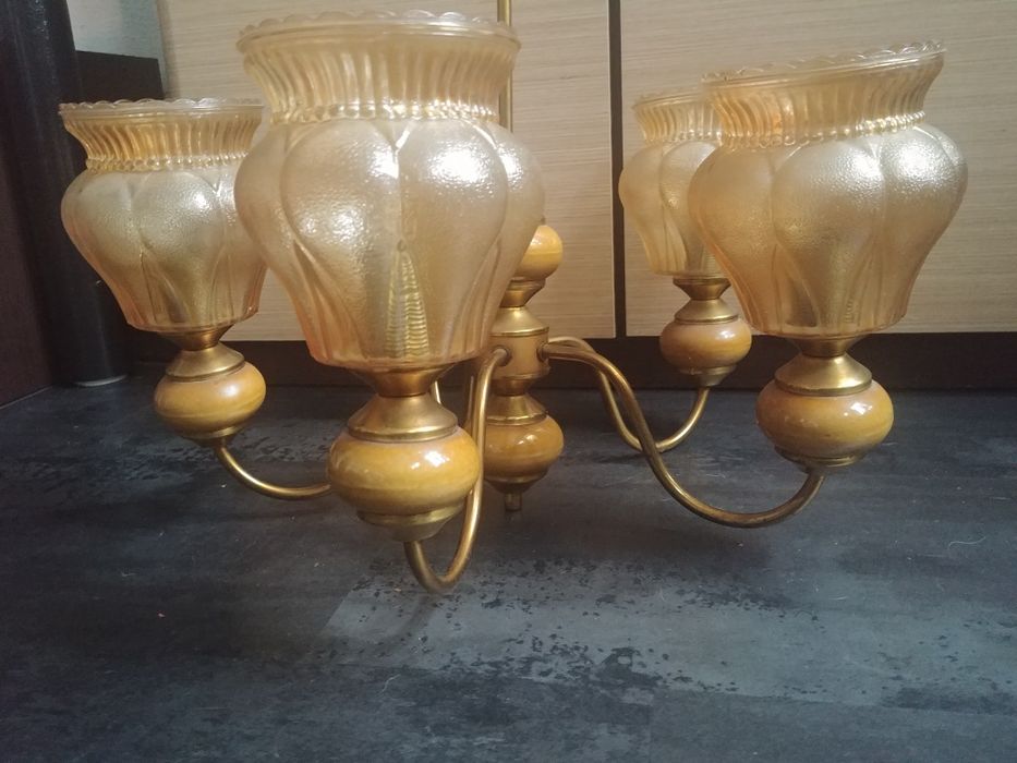 Żyrandol 5 ramienny PRL , mosiądz