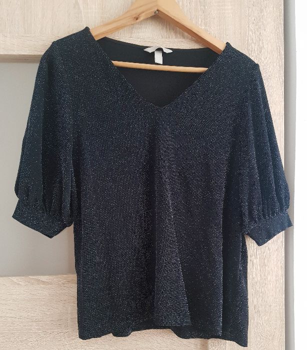 Bluzka brokat krótkie rękawy H&M HM 38 M srebrna nitka