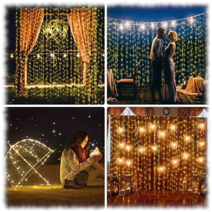 ZESTAW 2w1 LAMPKI LED Kurtyna Świetlna Girlanda ciepły biały GRATIS!