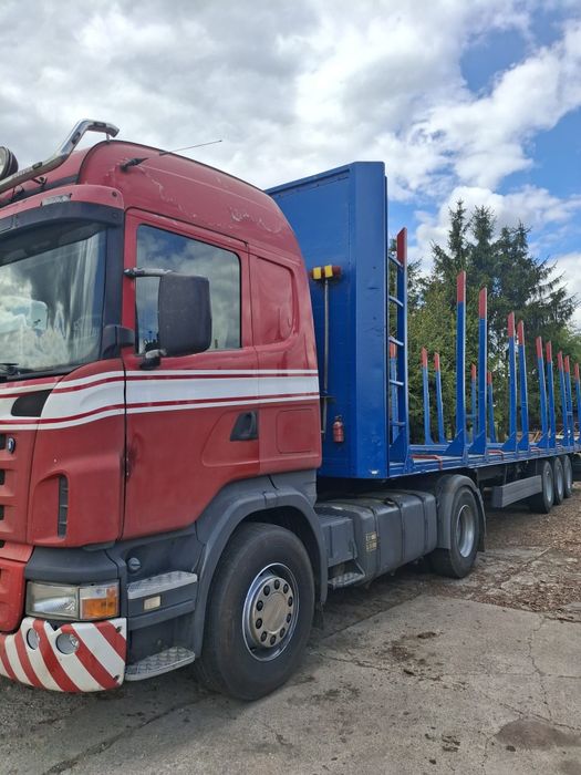 Ciągnik siodłowy Scania R420 zestaw z naczepą do drewna.