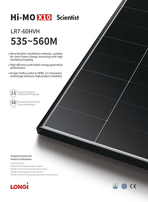 Panele Fotowoltaiczne Longi Solar 540W LR7-60HVH-540 Czarna Rama N-Type