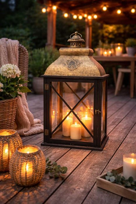 Duża latarnia dekoracyjna drewniano szkło metal wys. 75 cm