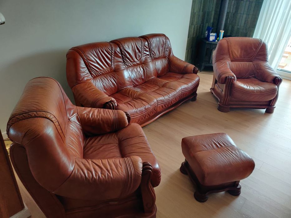 Meble komplet wypoczynkowy sofa fotele skóra Kler