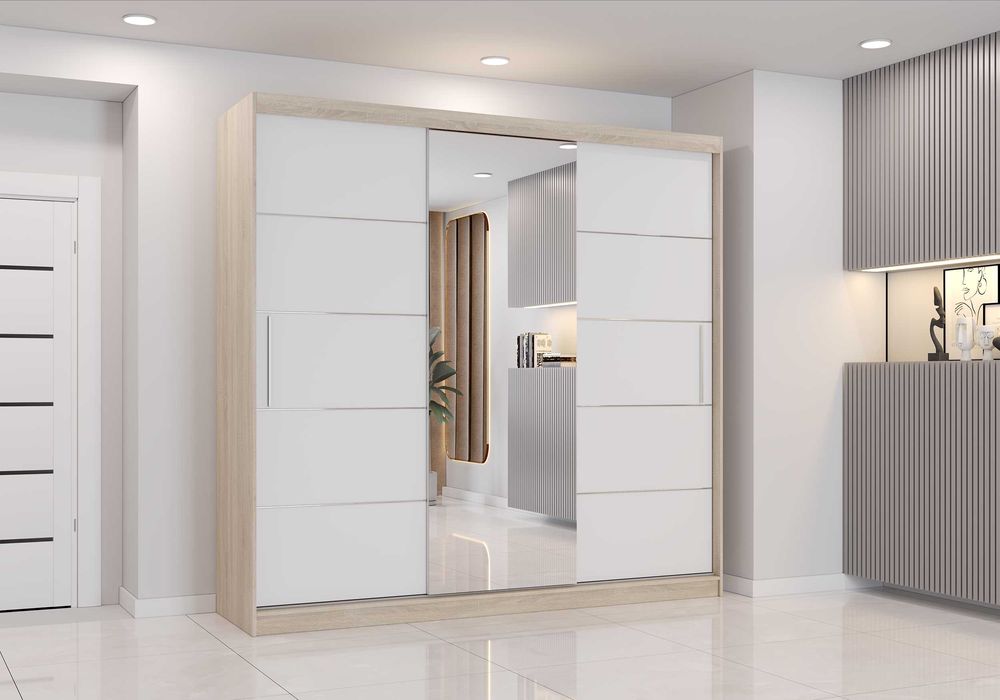 Duża szafa ASTRA 230cm przesuwna z lustrem 3 drzwiowa biała grafit