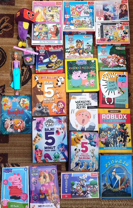 Książki dla dzieci Puzzle Bajki logopedyczne Psi Patrol My little pony Świnka Peppa Masza Kubuś Puchatek Pinokio Zwierzęta