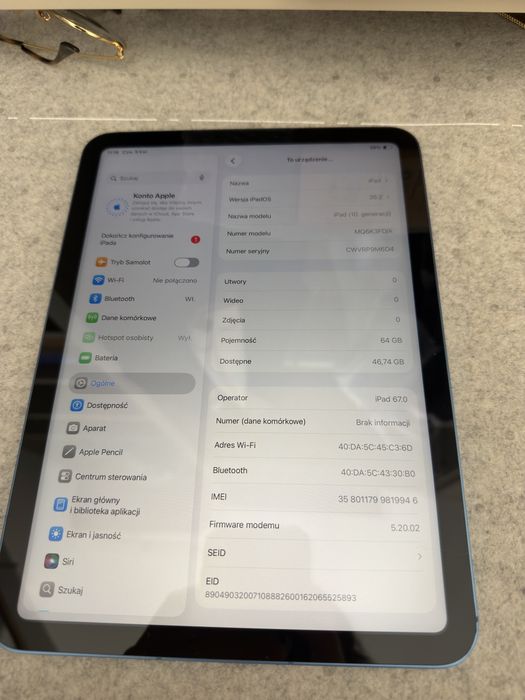 iPad 10 gen 64GB Cellular SIM eSIM niebieski bardzo ładny stan