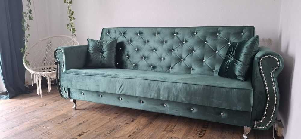 SOFA rozkładana kanapa funkcja spania glamour pik kryształ czarna