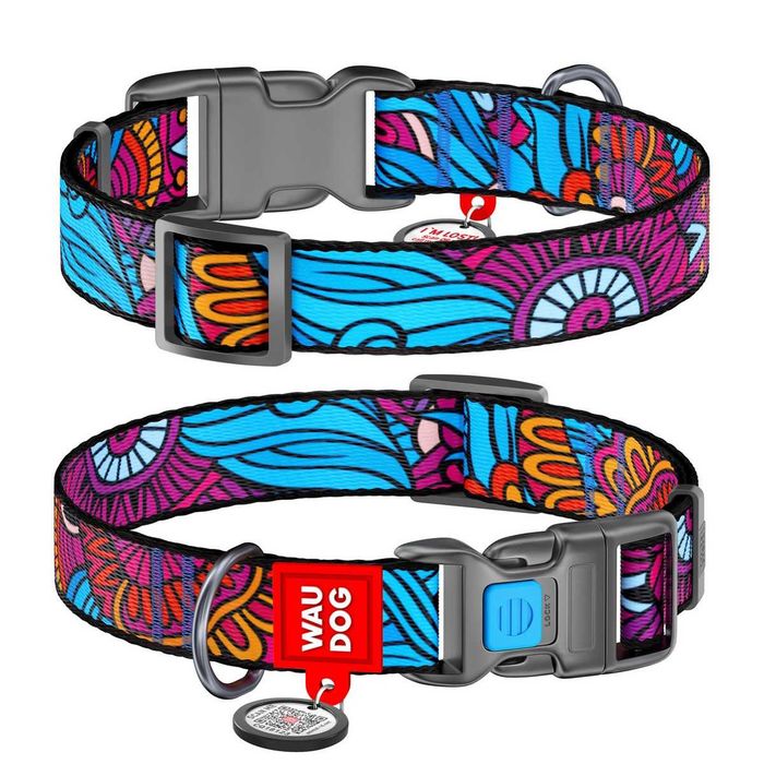 NOVO - Coleira em Nylon WAUDOG com Estampados Exclusivos e Medalha QR – Fecho em Metal ou Plástico