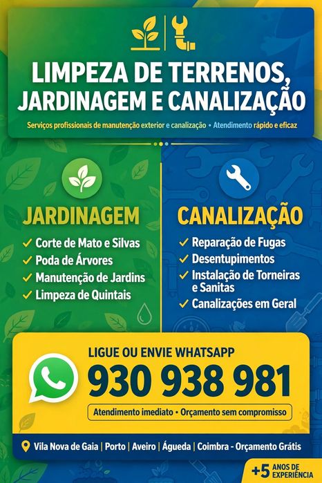 Limpeza de terrenos, jardinagem e canalização