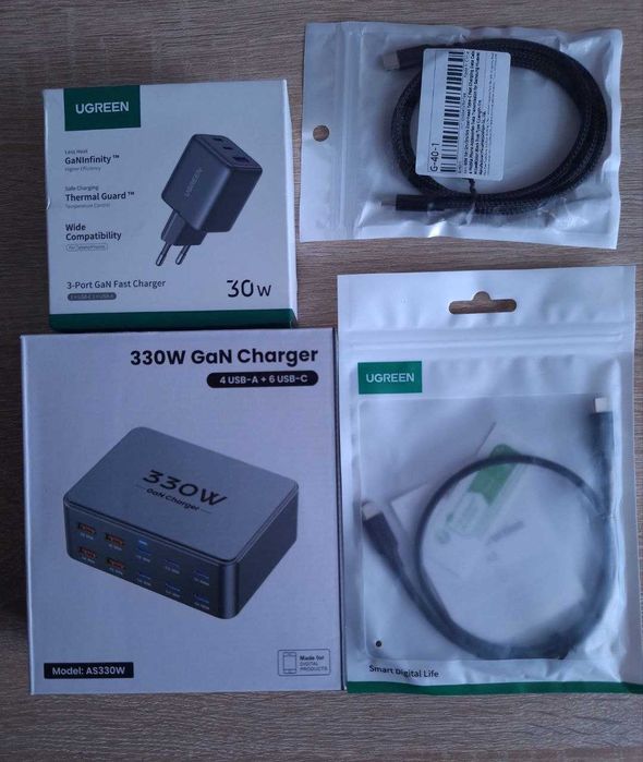 Зарядні пристрої 330W GaN 10-Port | Ugreen 30W | Кабелі Type-C 60W