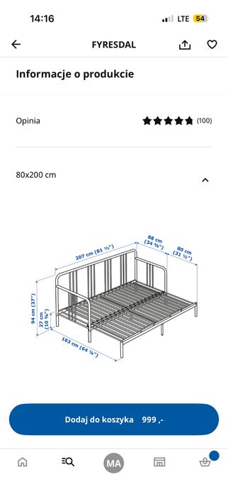 Rama łóżka IKEA 80x200 rozkladana