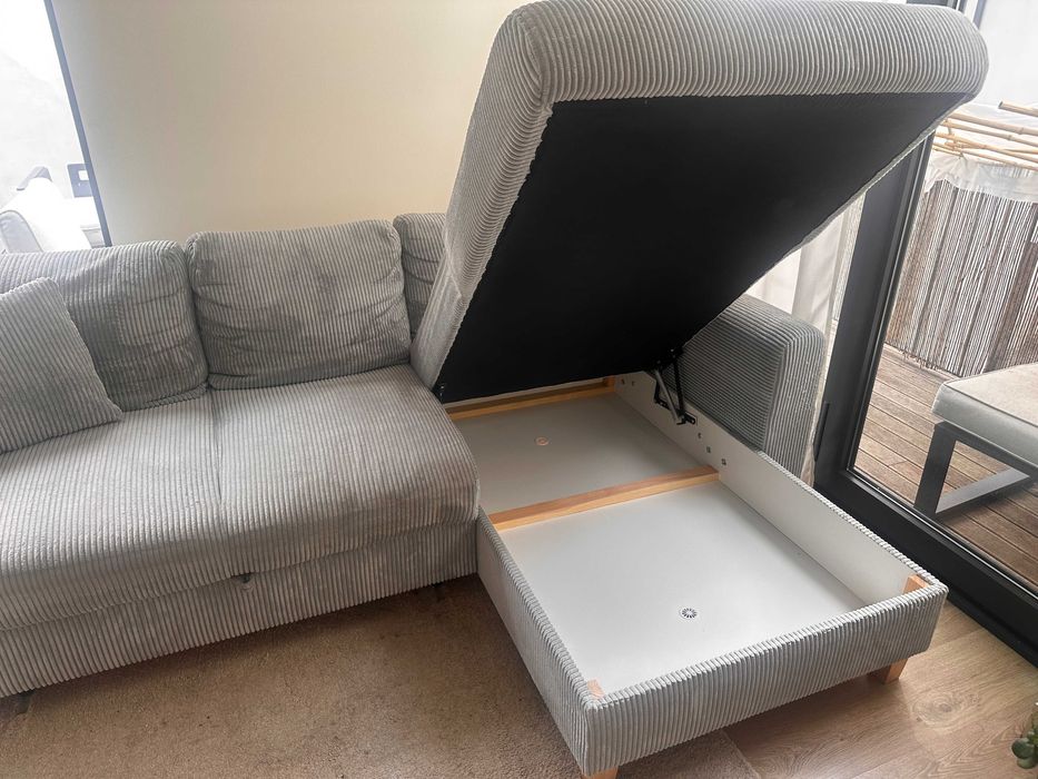 Sofá de Canto Cinzento com Cama e Arrumação