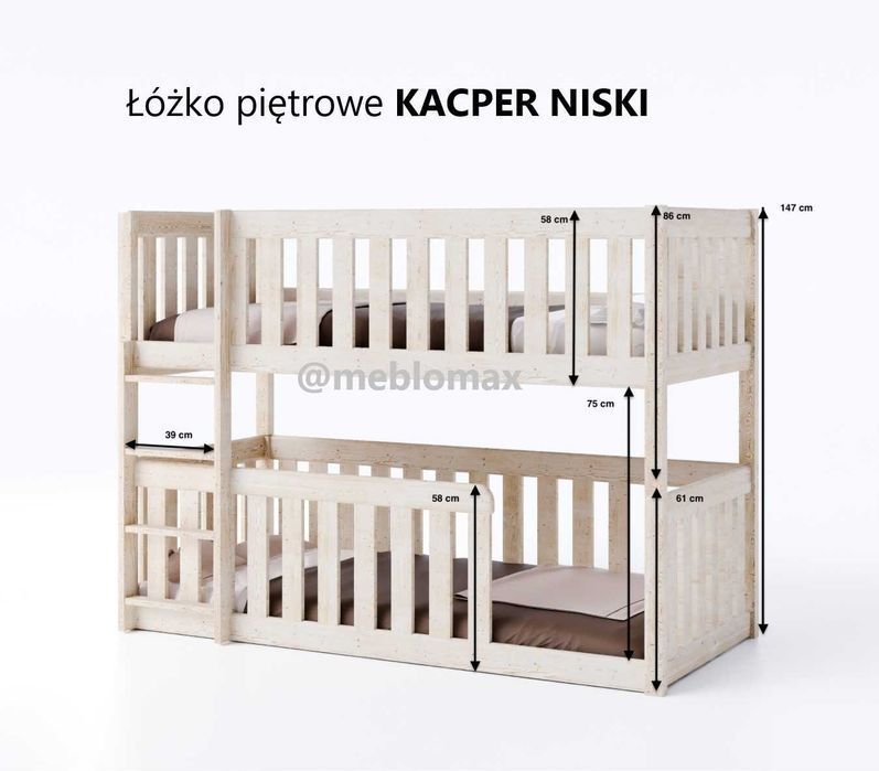 Łóżeczko piętrowe niskie dla najmłodszych Bezpieczne Wysokie barierki