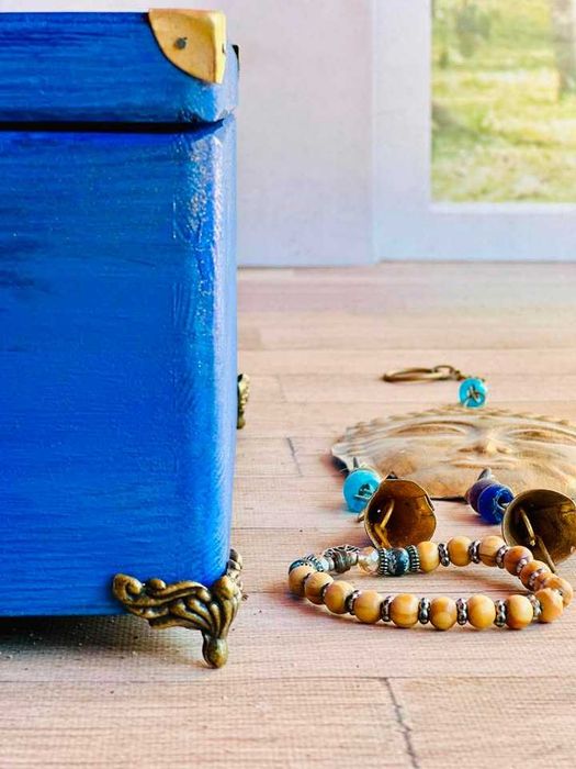 Kufer boho na biżuterię, mandala, złote dodatki, prezent, granat