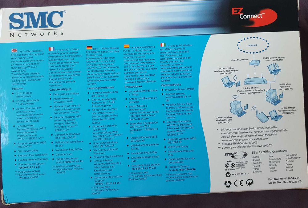 SMC wireless PCI Card para PC, 2.4Ghz, 11 Mbps, com antena - vintage64284555113986121