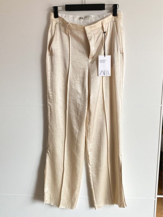 Kremowe długie spodnie z triacetatu rozmiar S marki ZARA poszukiwany m