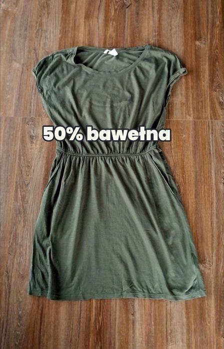 Sukienka damska midi krótka z bawełny lekka z kieszeniami taliowana