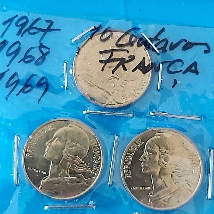 Lote 3 moedas 10 Cêntimos 1967, 1968, 1969, França