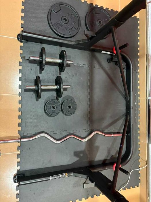 Conjunto de Ginásio Completo – Rack, Banco, Barras, Halteres e Pesos