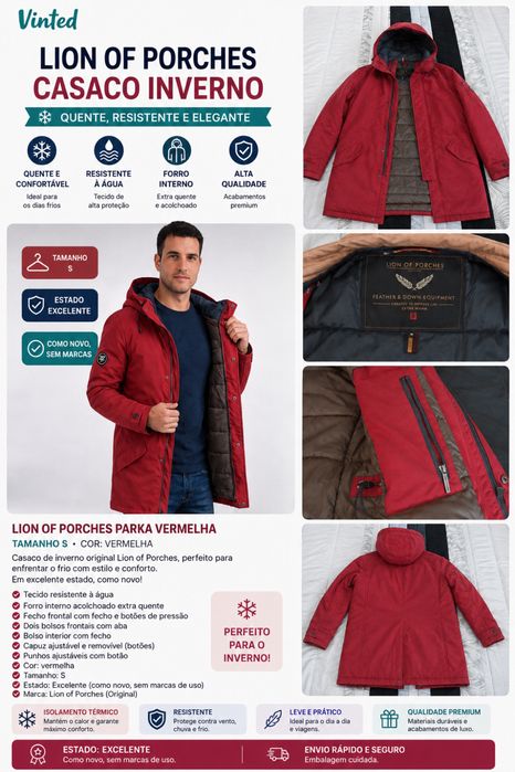 Lion of Porches Casaco Parka Vermelho Novo – Original Inverno Homem